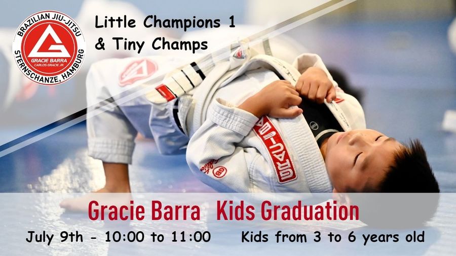Join us for the exciting Kids Graduation ceremony of Little Champions 1 and Tiny Champs on July 9th from 10:00 to 11:00. Celebrate the achievements of our young BJJ enthusiasts aged 3 to 6 years old.